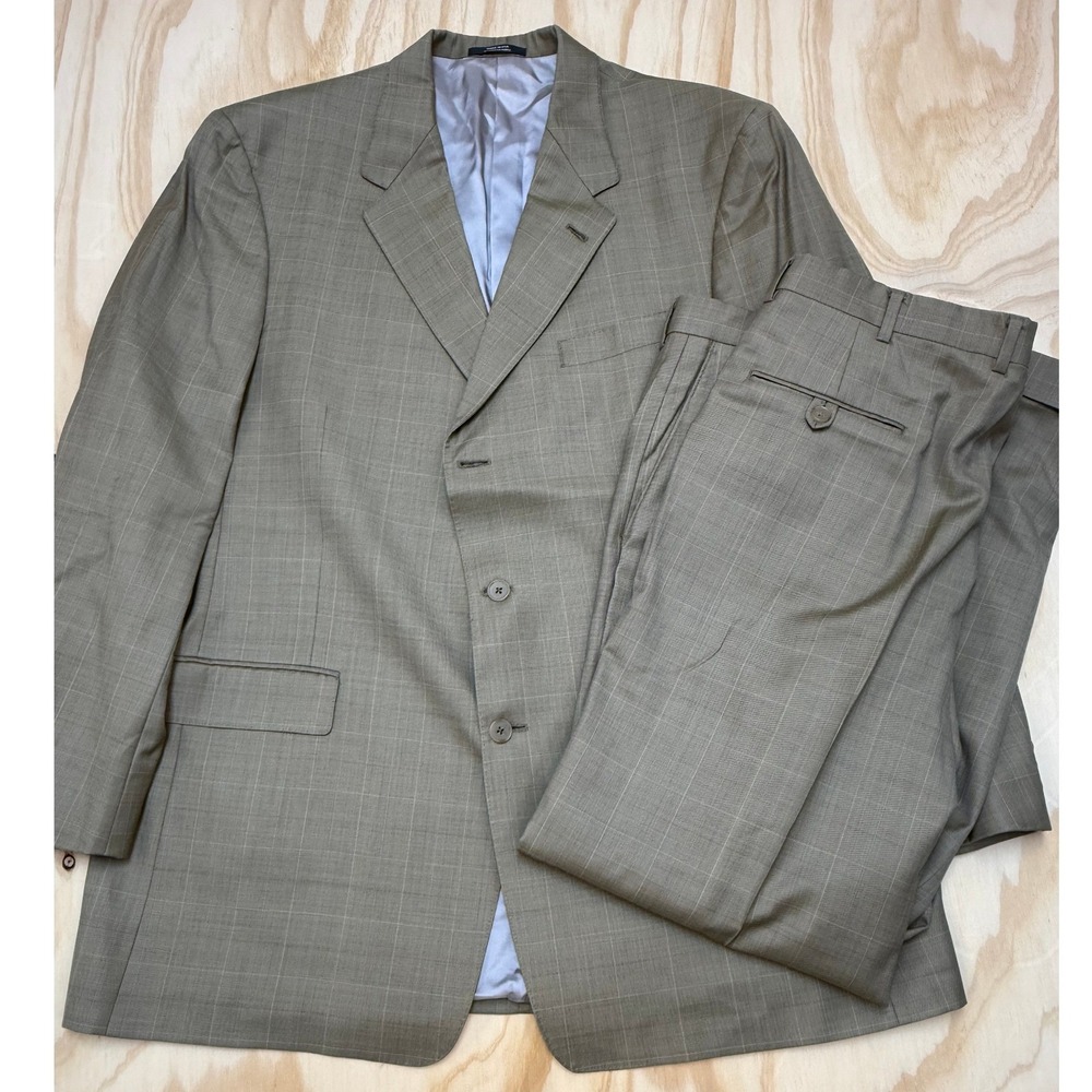 Hart Schaffner Marx Studio Mens Grey Windowpane 3 Button Suit Made in US 48R 38W